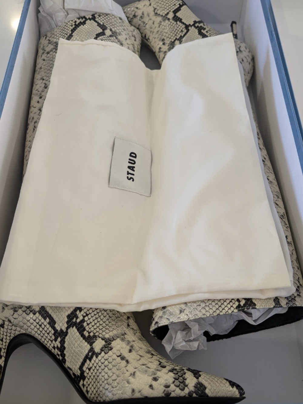 STAUD Sebastian Knee High Boots 37 7 White Snake Embossed Leather Pointed NIB - Picture 5 of 14